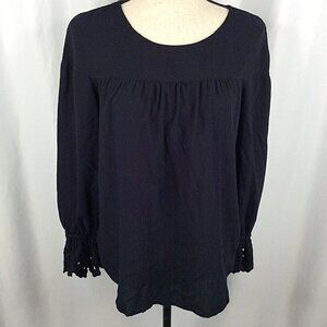 Ann Taylor LOFT Blouse Womens Size Small Ruffle Eyelet Cuff Embroidered Striped